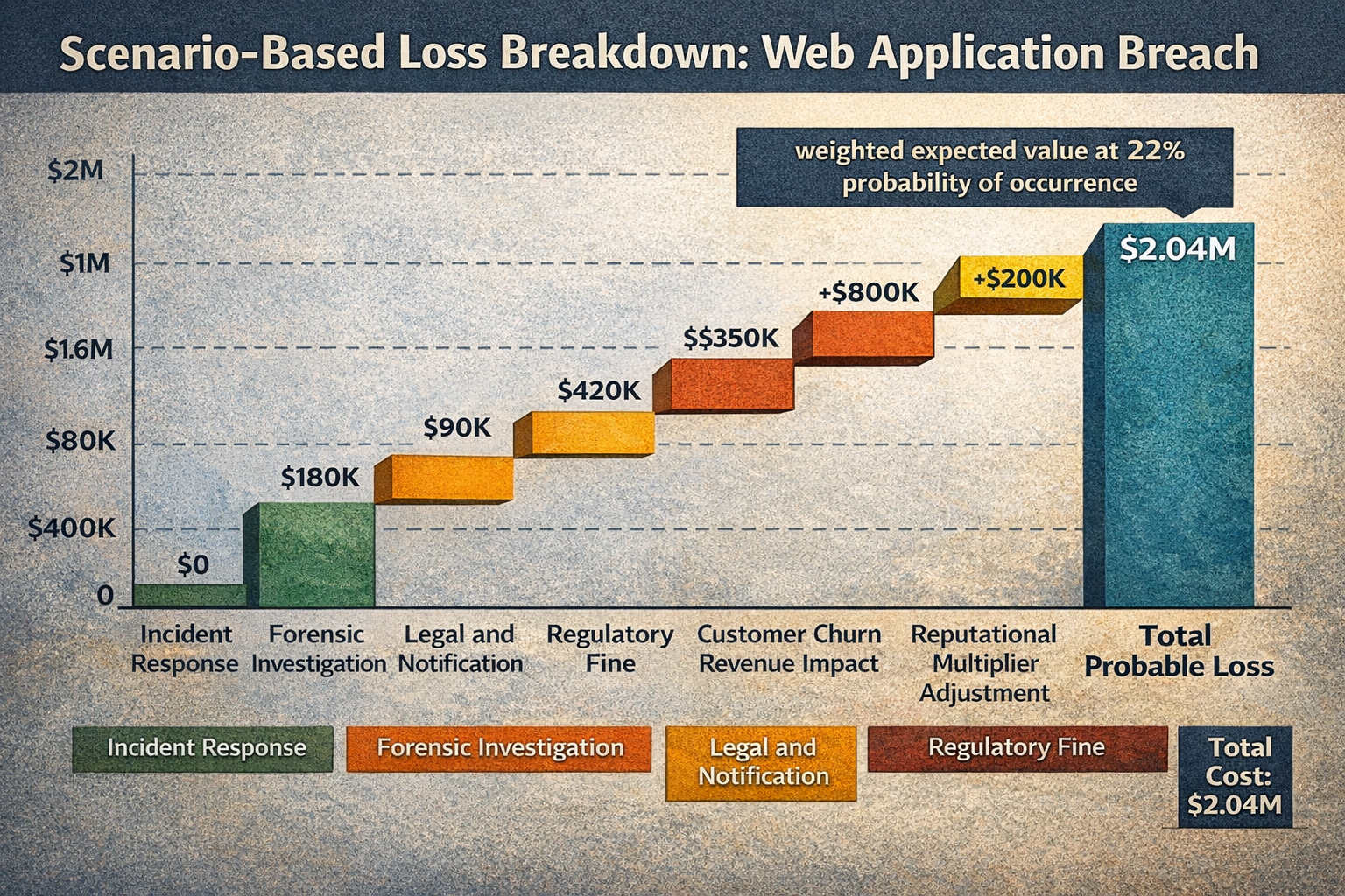 This is an image of a waterfall chart showing web application breach loss breakdown and weighted expected value by cost component