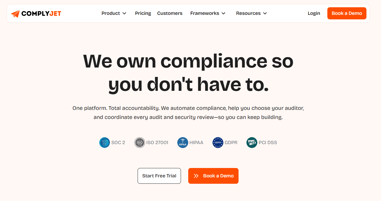 ComplyJet platform homepage showing compliance automation, ISO 27001, SOC 2, GDPR and audit management features