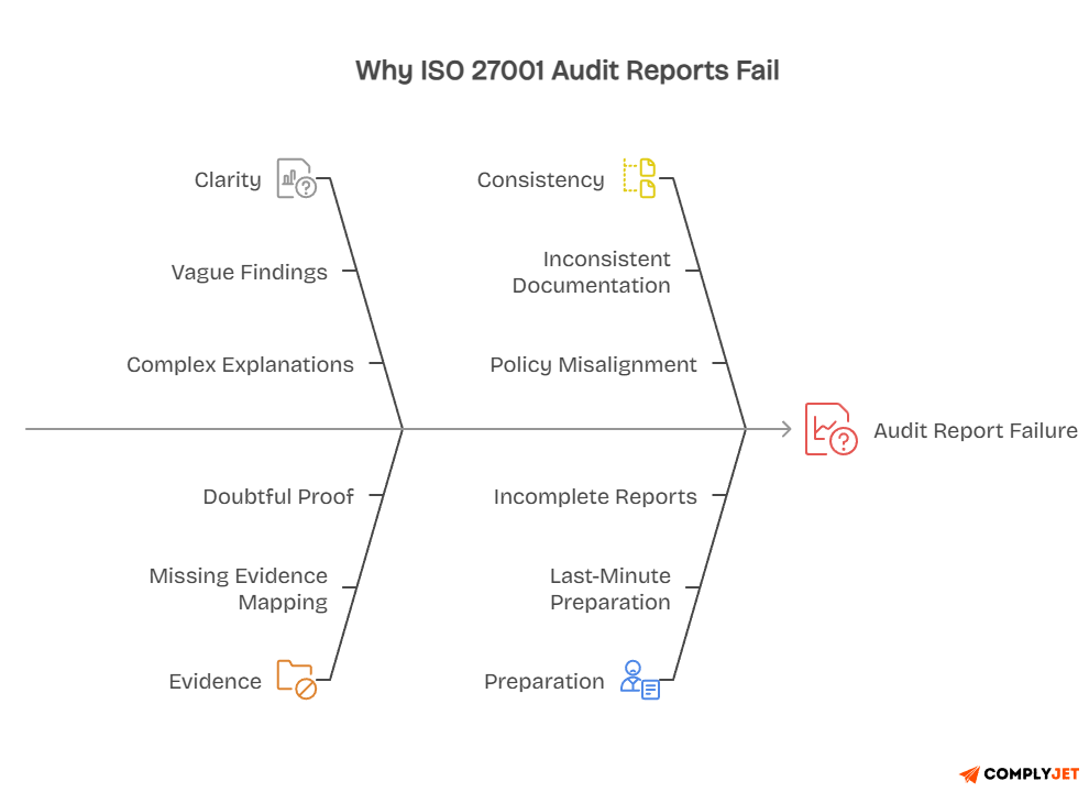 Reasons why ISO 27001 audit reports fail including lack of clarity, inconsistent documentation, missing evidence, and poor preparation
