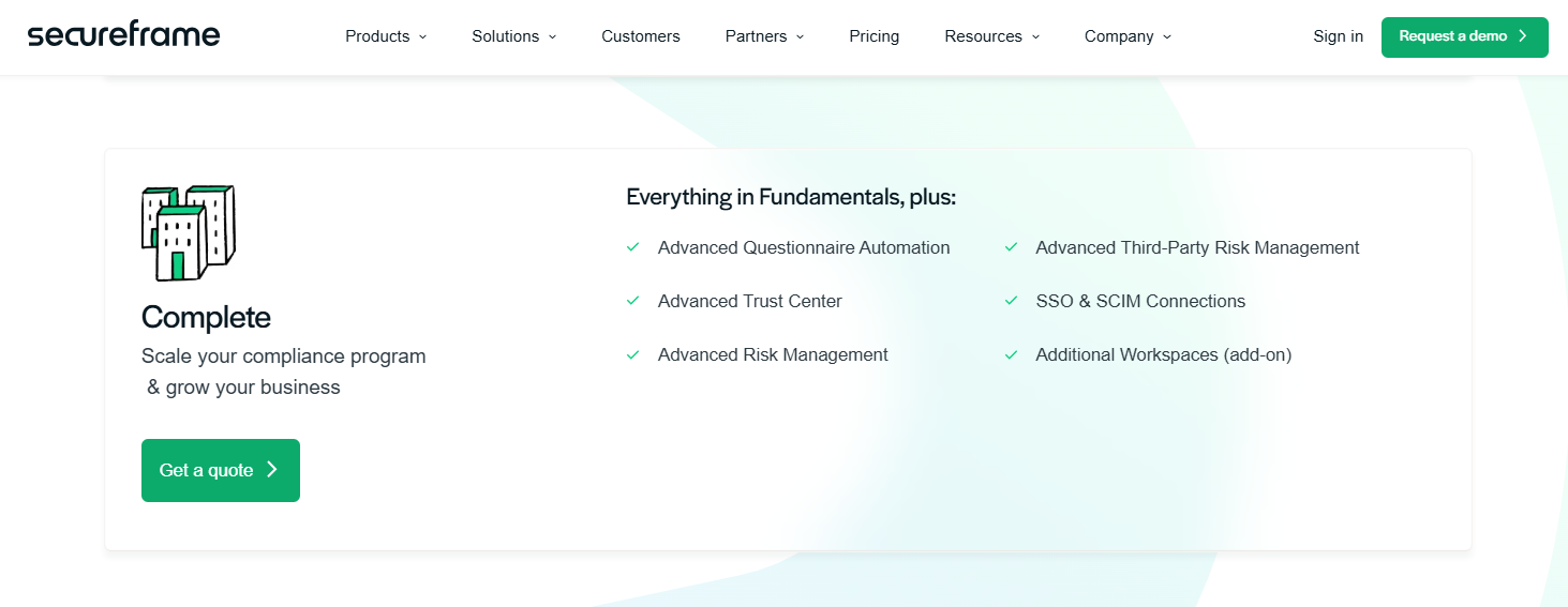 Secureframe pricing packages depicting features of Complete plan