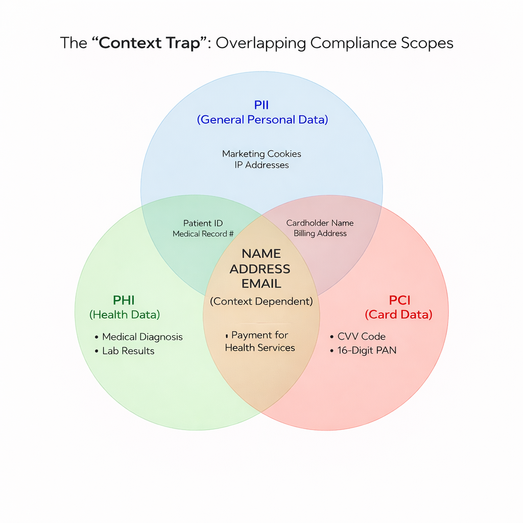 This is a Venn diagram showing how PHI, PCI, and PII compliance scopes overlap and how context determines regulatory obligations.
