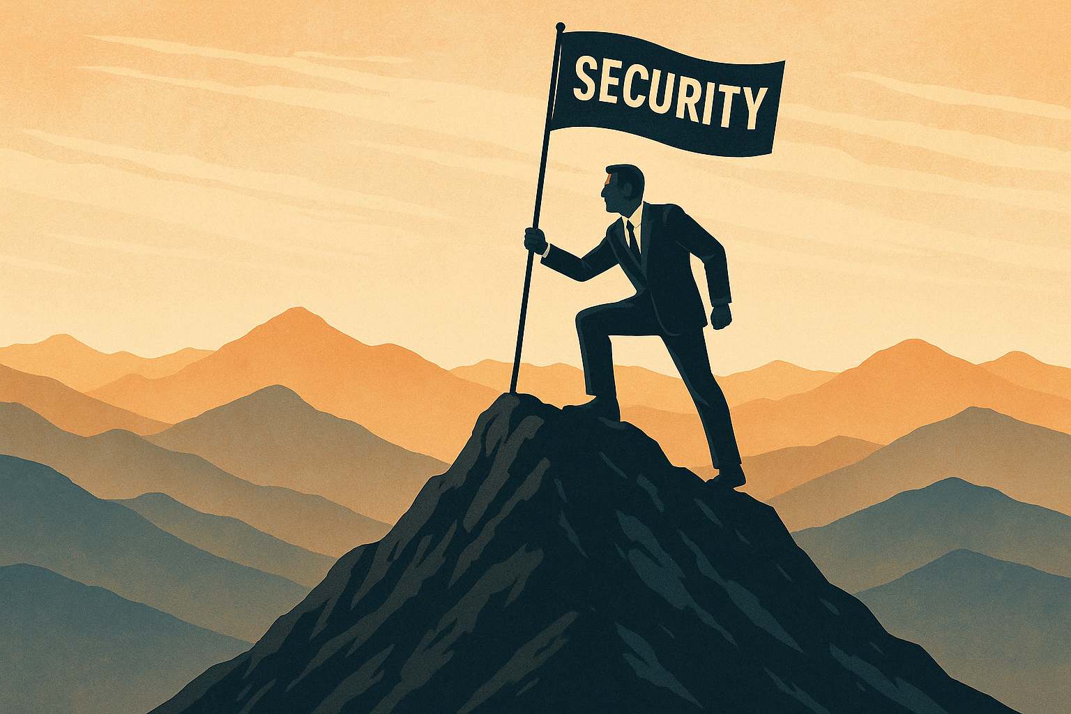 Business leader holding a security flag atop a mountain, representing cybersecurity success and data protection.