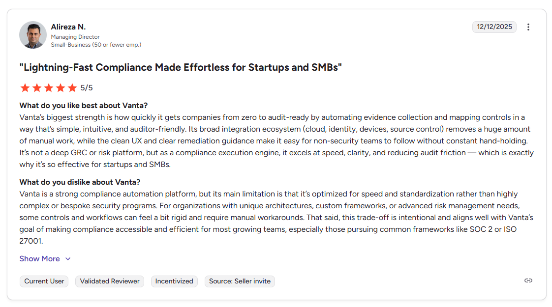 This is a G2 review highlighting Vanta's strengths as a compliance automation platform with strong integrations and policy management capabilities. (G2)
