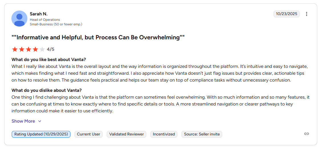 This is a G2 review describing concerns about Vanta's contract rigidity, long-term commitments, and limited early termination flexibility. (G2)