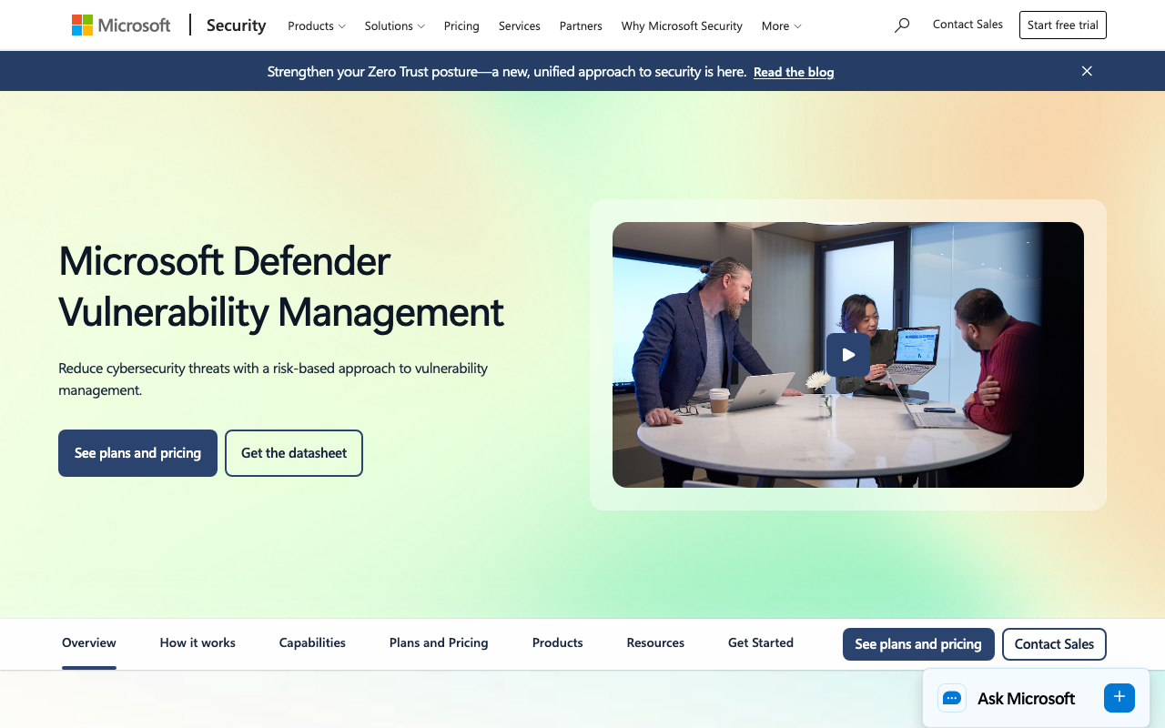 Microsoft Defender Vulnerability Management homepage