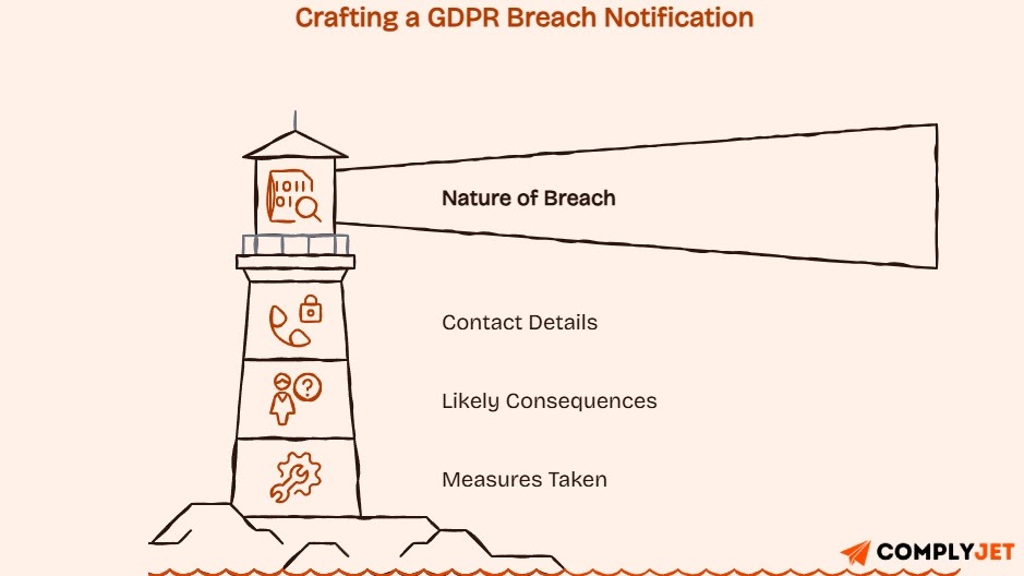 Lighthouse-themed infographic highlighting the essential components of a GDPR breach notification report.