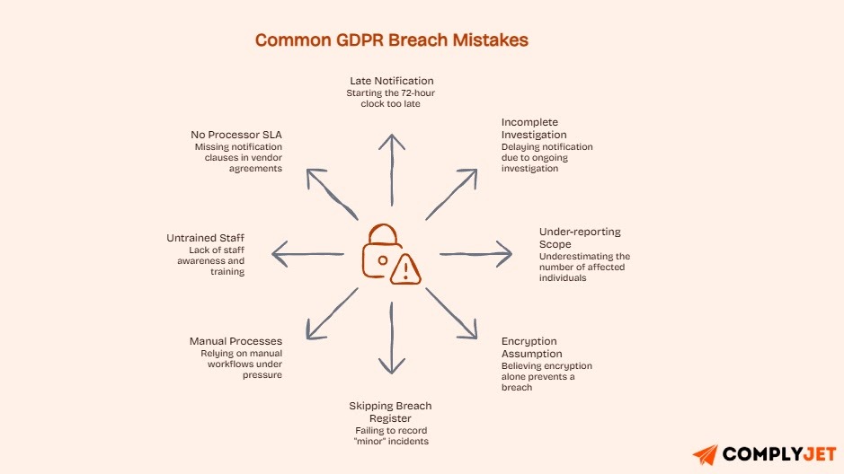 Overview of common GDPR breach response mistakes such as delayed reporting, incomplete investigations, and poor staff training.