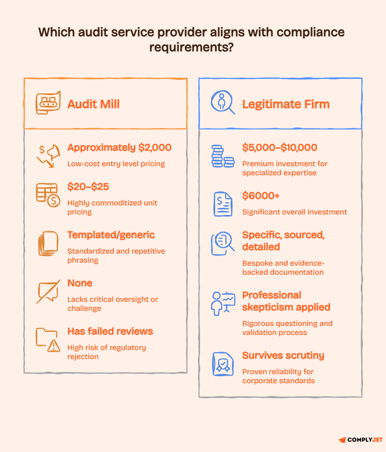 Illustrated comparison of audit mill vs legitimate SOC 2 firm showing differences in cost per control, control language quality, professional skepticism, and enterprise procurement outcomes