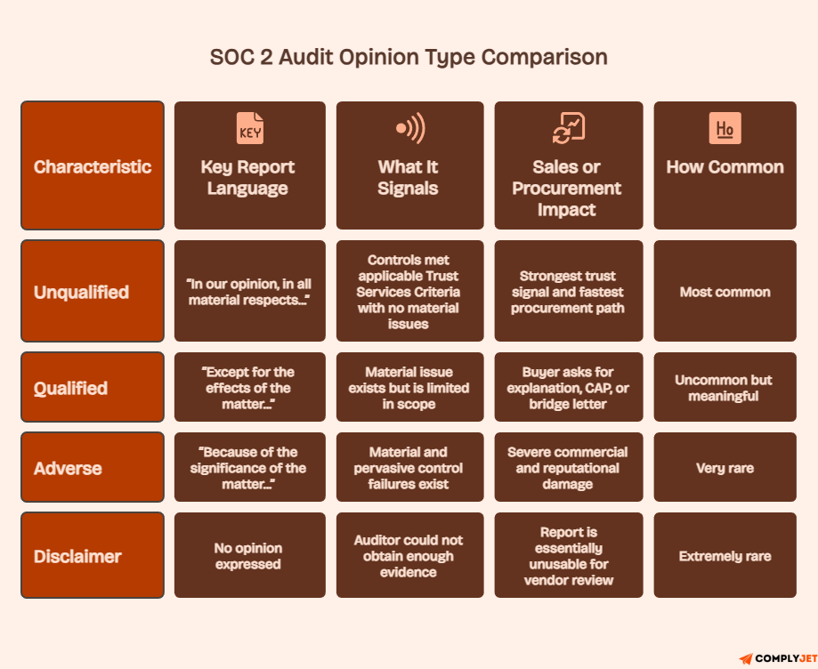 SOC 2 audit opinion comparison table showing report language, impact, and frequency