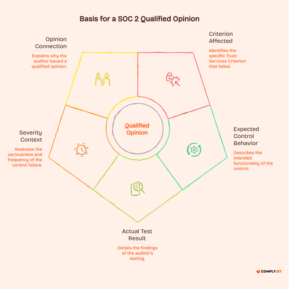 Qualified opinion breakdown showing criterion affected, expected behaviour, test result, and severity context