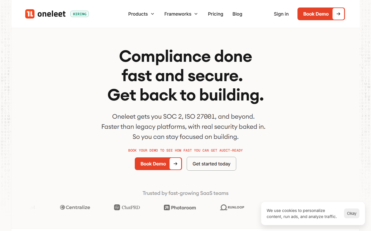 Screenshot of the Oneleet homepage.