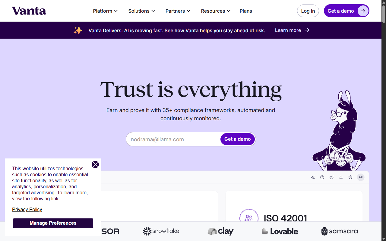 Screenshot of Vanta's homepage, showing its 'Trust is everything' headline and compliance framework badges.