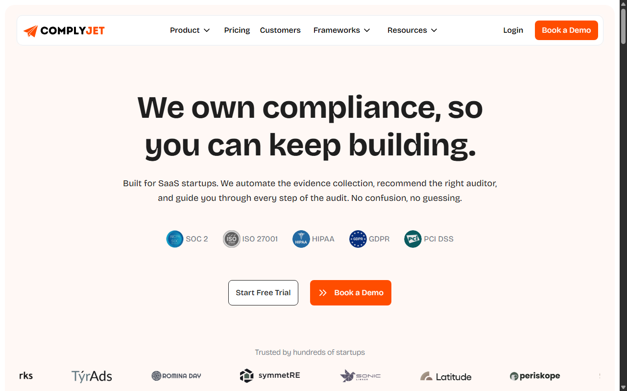 Screenshot of ComplyJet's homepage, showing its 'We own compliance, so you can keep building' headline and supported frameworks.
