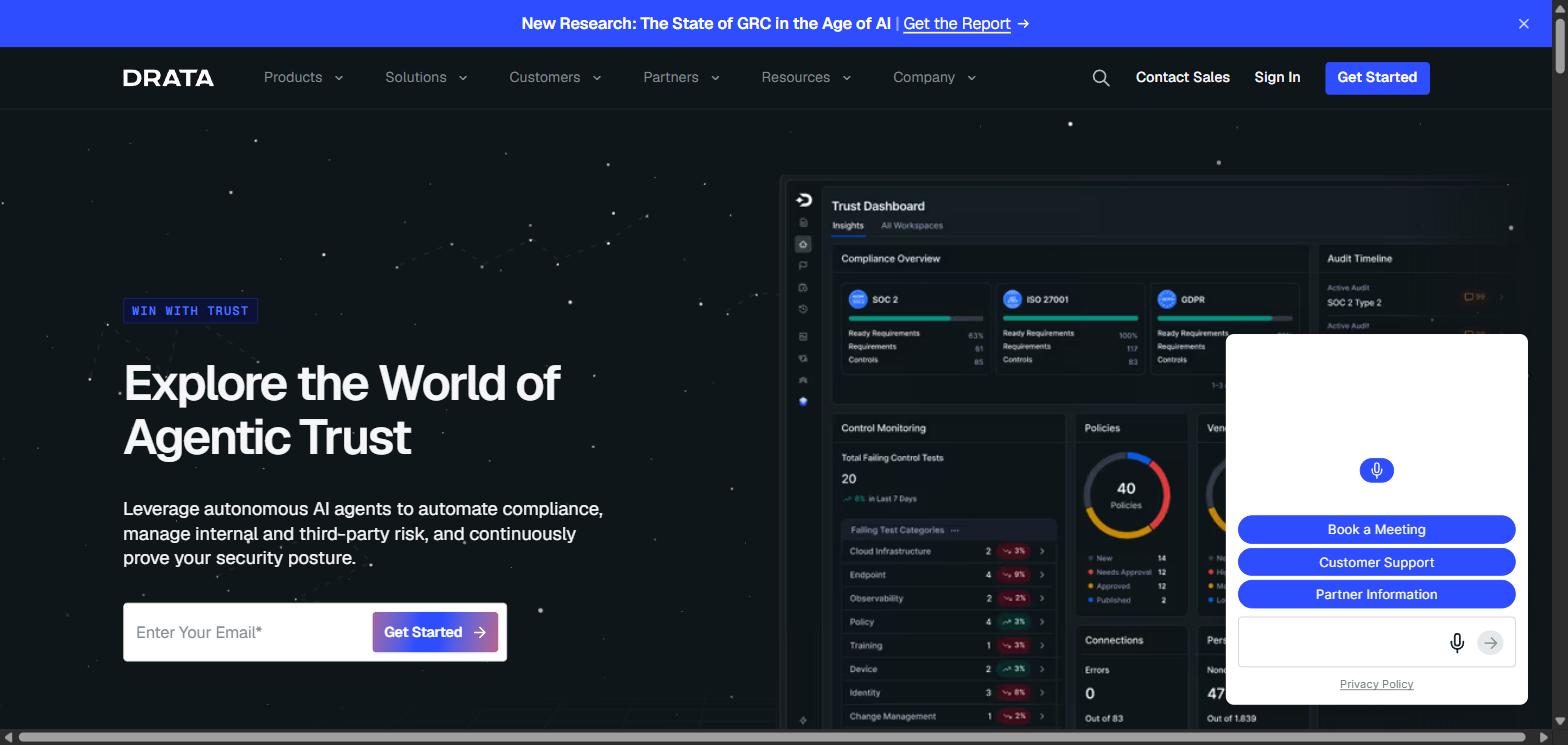 Screenshot of Drata's homepage, showing its 'Explore the World of Agentic Trust' headline and compliance dashboard preview.