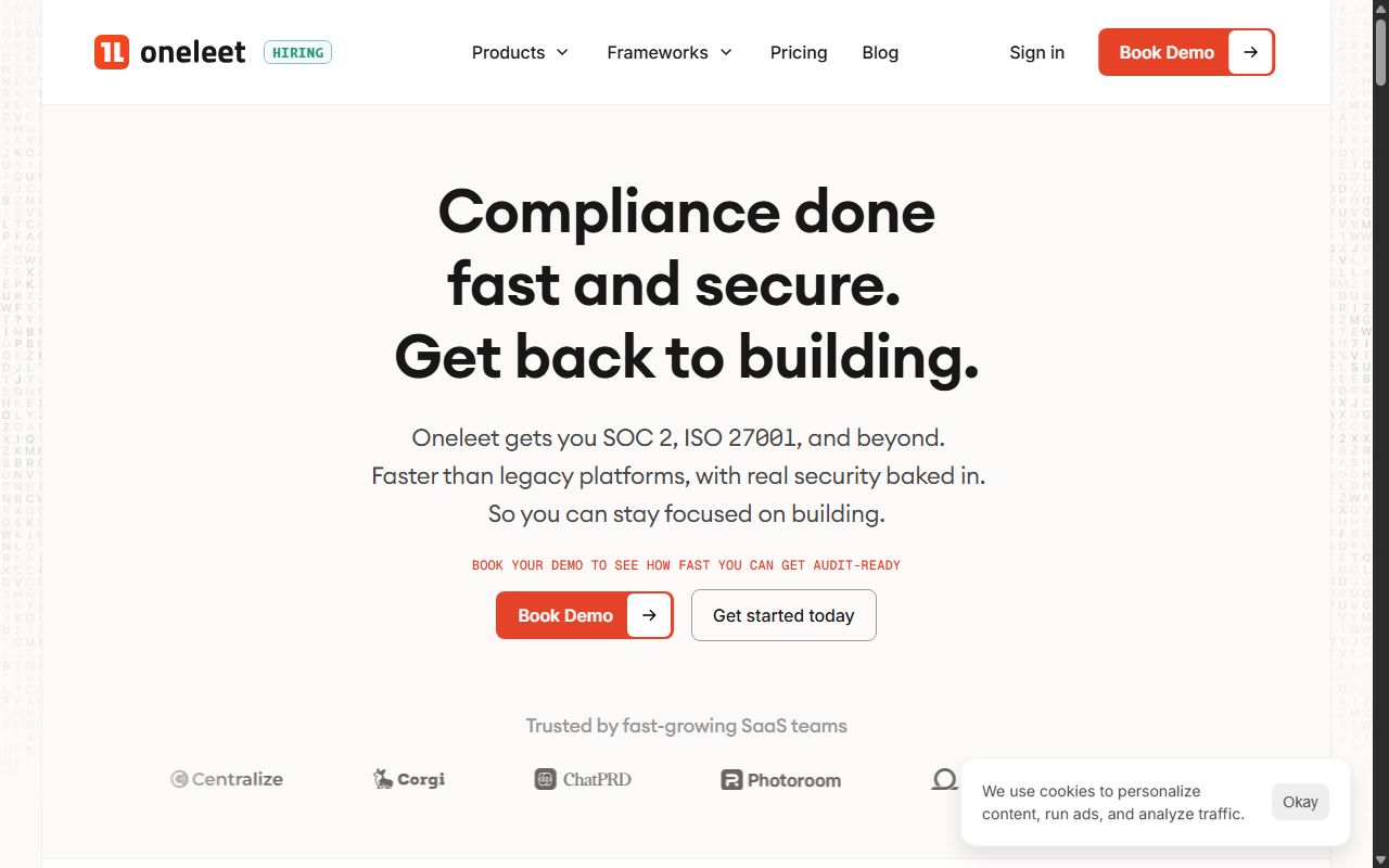 Screenshot of Oneleet's homepage, showing its 'Compliance done fast and secure' headline and customer logos.