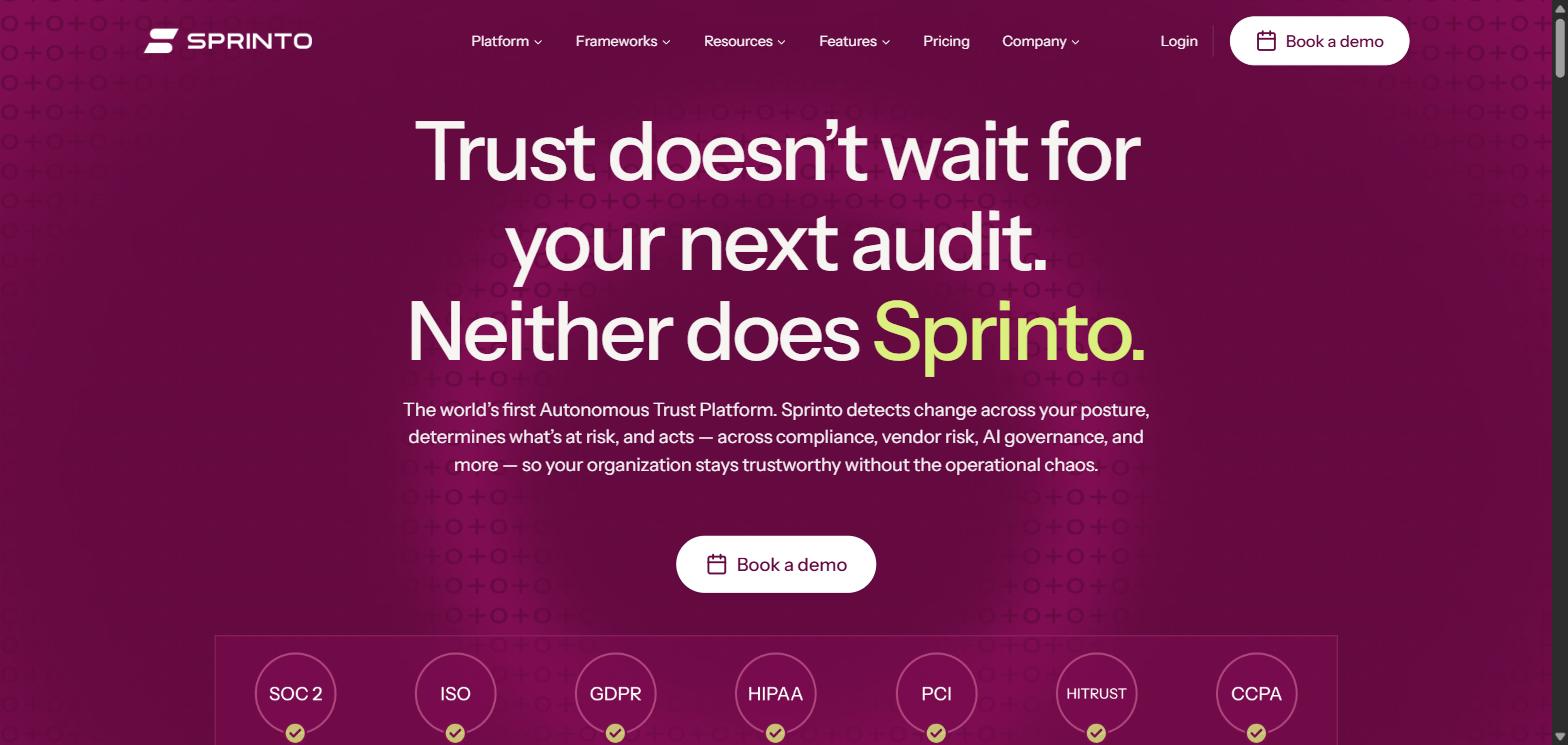 Screenshot of Sprinto's homepage, showing its 'Trust doesn't wait for your next audit' headline and supported framework badges.