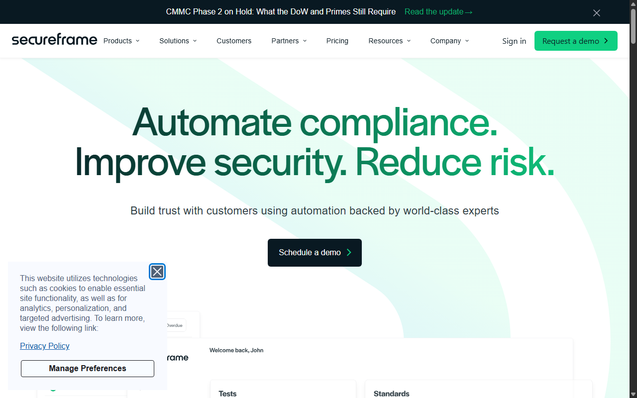 Screenshot of Secureframe's homepage, showing its 'Automate compliance. Improve security. Reduce risk.' headline and product dashboard preview.