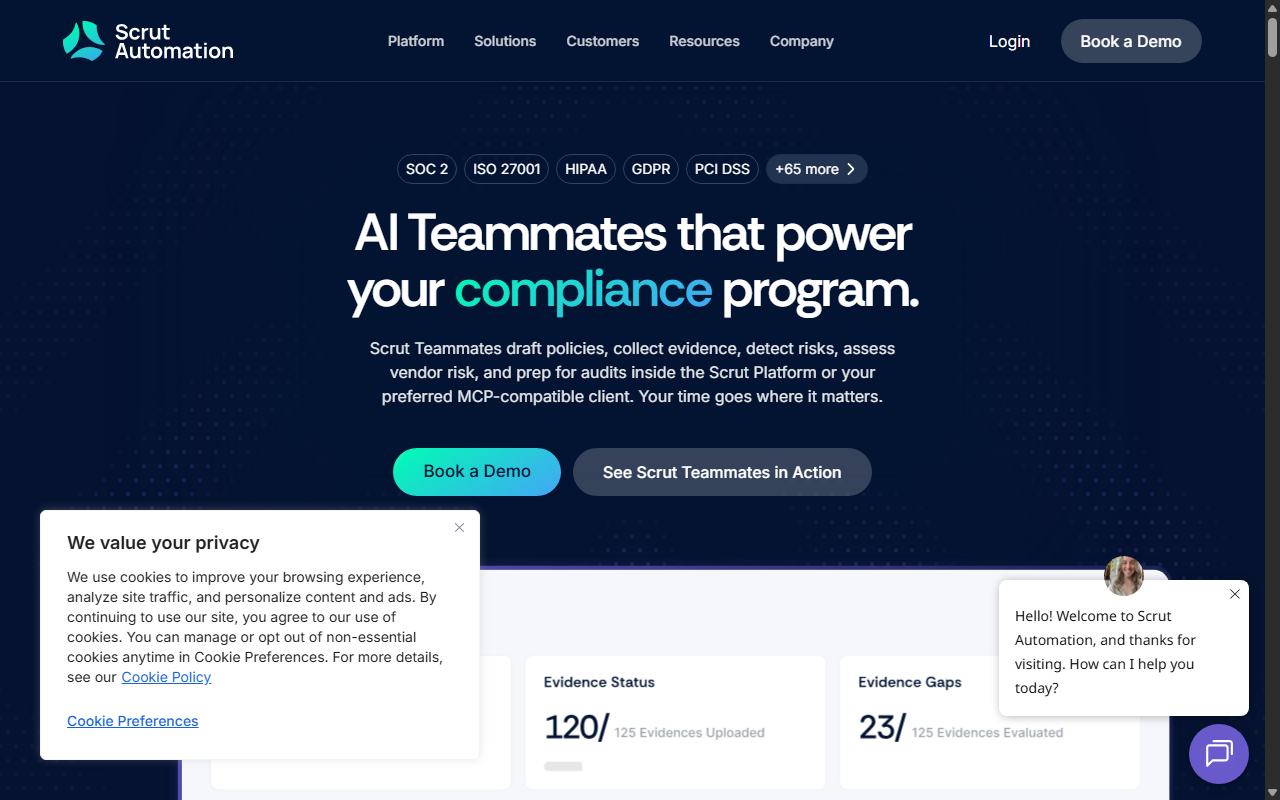 Screenshot of Scrut's homepage, showing its 'AI Teammates that power your compliance program' headline and evidence dashboard preview.