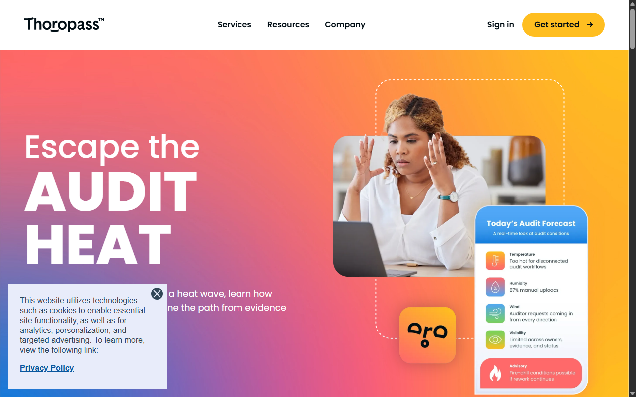 Screenshot of Thoropass's homepage, showing its 'Escape the Audit Heat' headline and audit forecast preview.