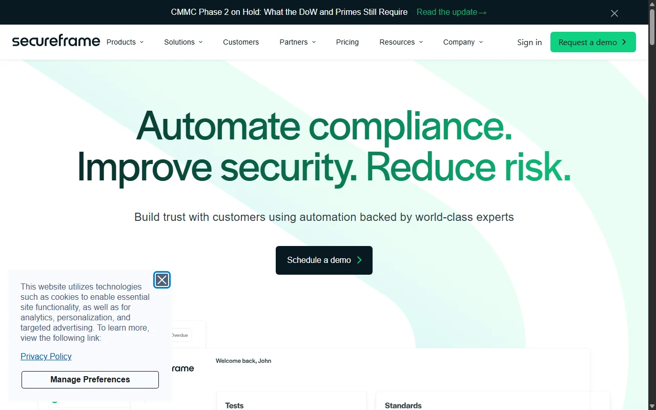 Screenshot of Secureframe's homepage.