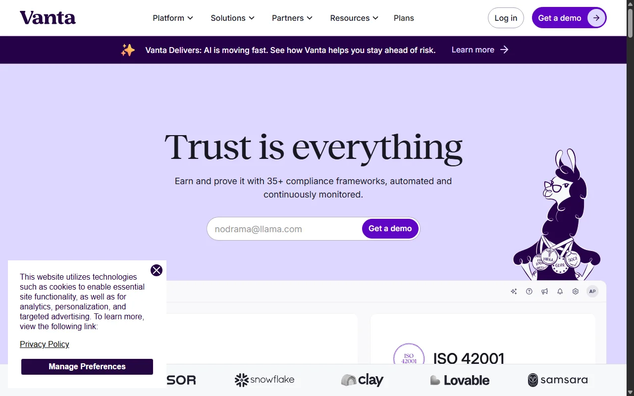 Screenshot of Vanta's homepage.