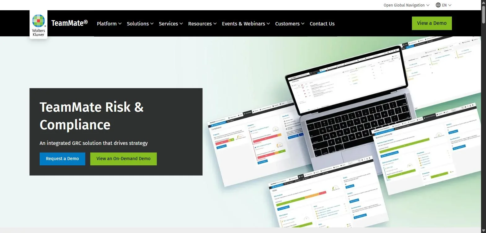 Screenshot of the Wolters Kluwer TeamMate Risk and Compliance page that StandardFusion's own domain now redirects to, following its January 2026 acquisition.