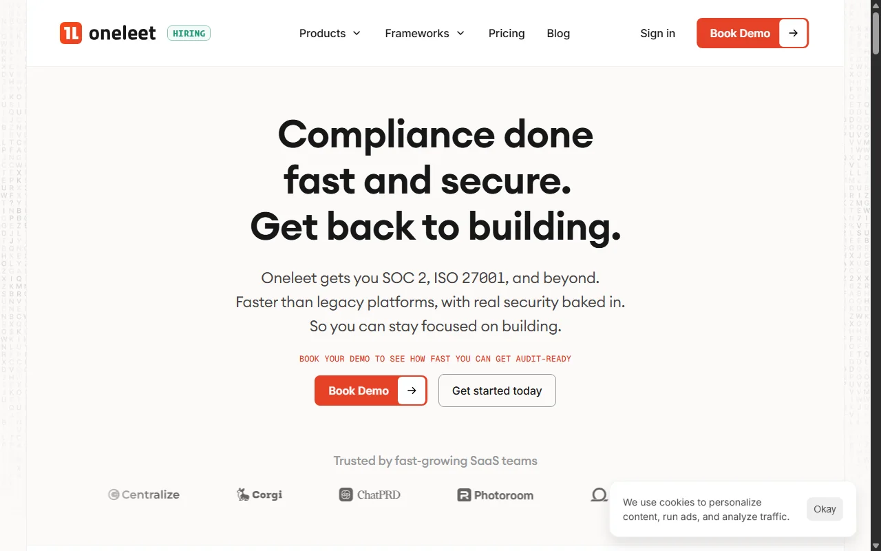 Screenshot of Oneleet's homepage.