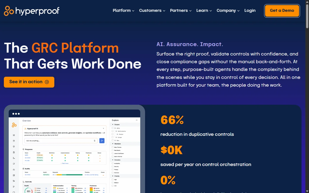 Screenshot of Hyperproof's homepage.