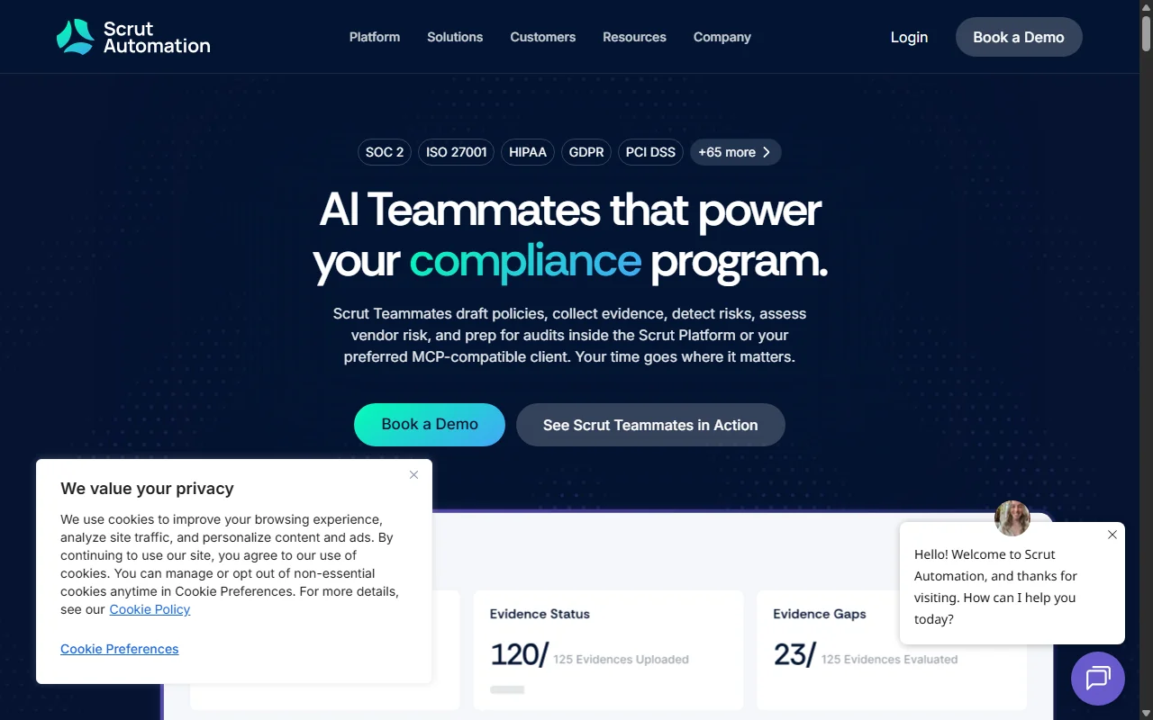 Screenshot of Scrut Automation's homepage.