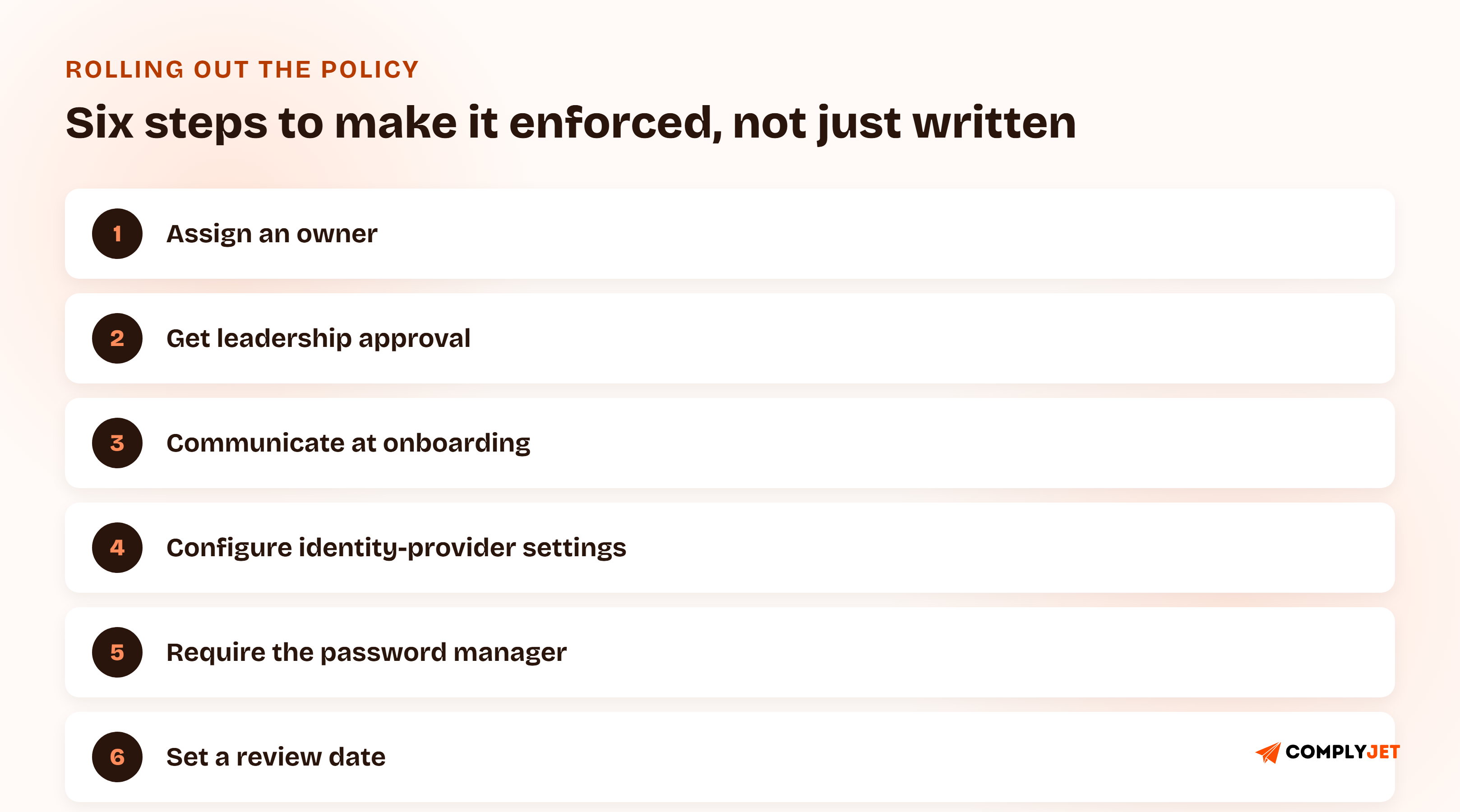 Six-step rollout chain: assign an owner, get leadership approval, communicate at onboarding, configure identity-provider settings, require the password manager, and set a review date.