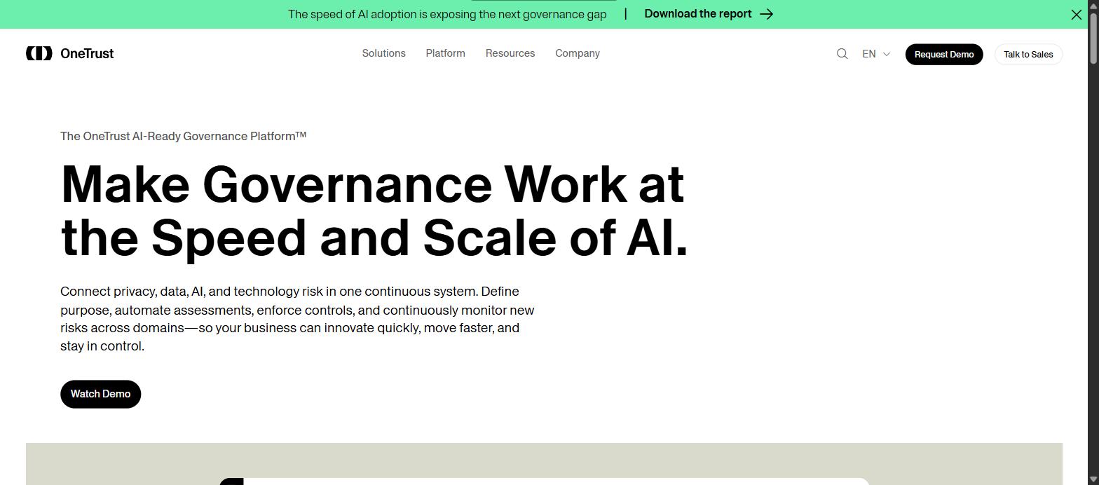 Screenshot of OneTrust's homepage, showing its 'Make Governance Work at the Speed and Scale of AI' headline.