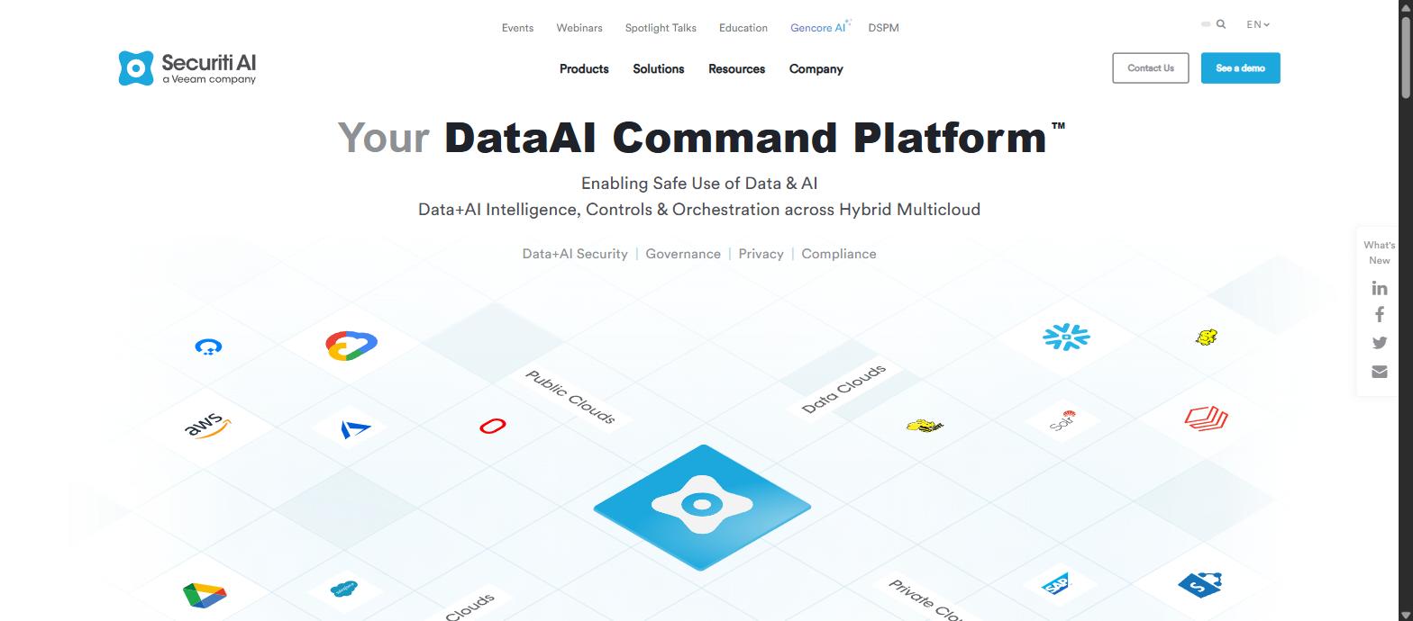 Screenshot of Securiti's homepage, showing its 'Your DataAI Command Platform' headline.