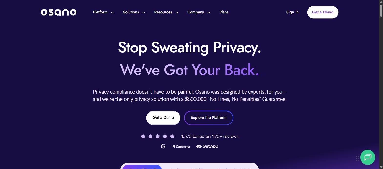Screenshot of Osano's homepage, showing its 'Stop Sweating Privacy. We've Got Your Back.' headline.