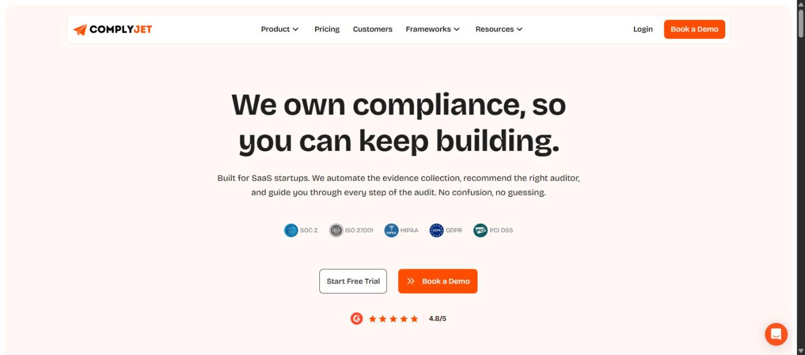 Screenshot of ComplyJet's homepage, showing its 'We own compliance, so you can keep building' headline and supported frameworks.
