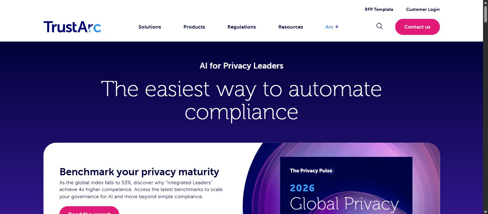 Screenshot of TrustArc's homepage, showing its 'The easiest way to automate compliance' headline.