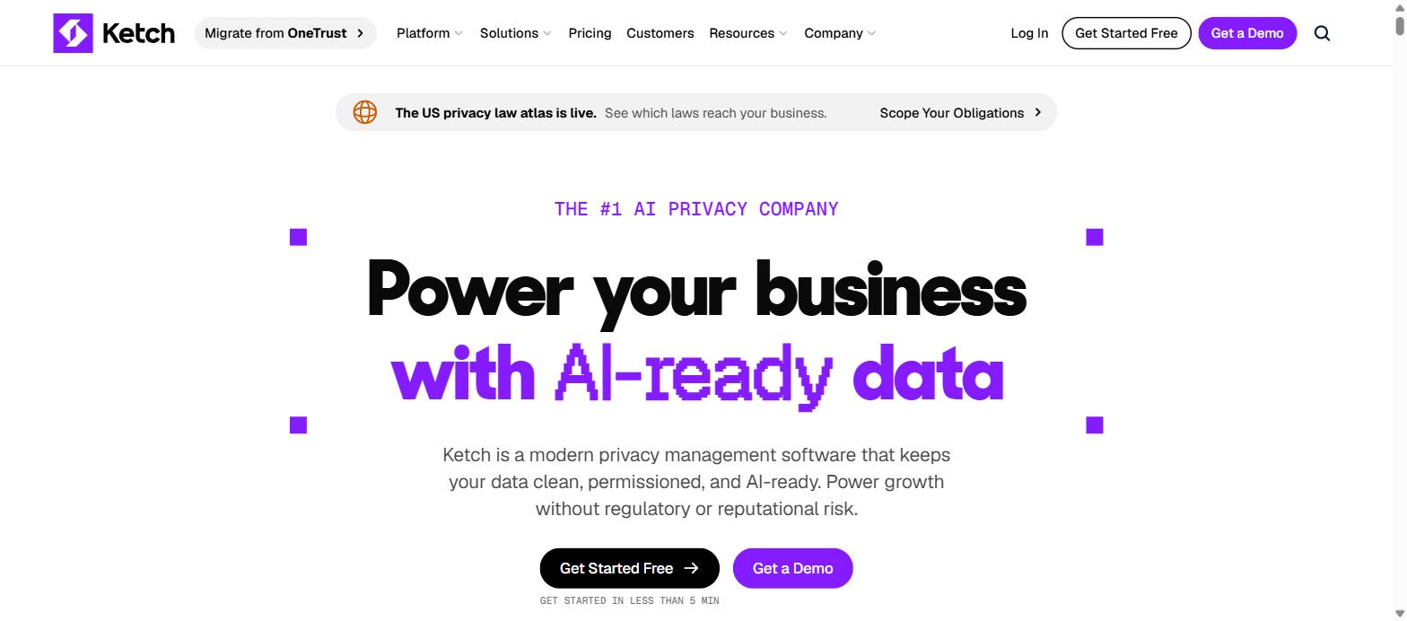 Screenshot of Ketch's homepage, showing its 'Power your business with AI-ready data' headline.