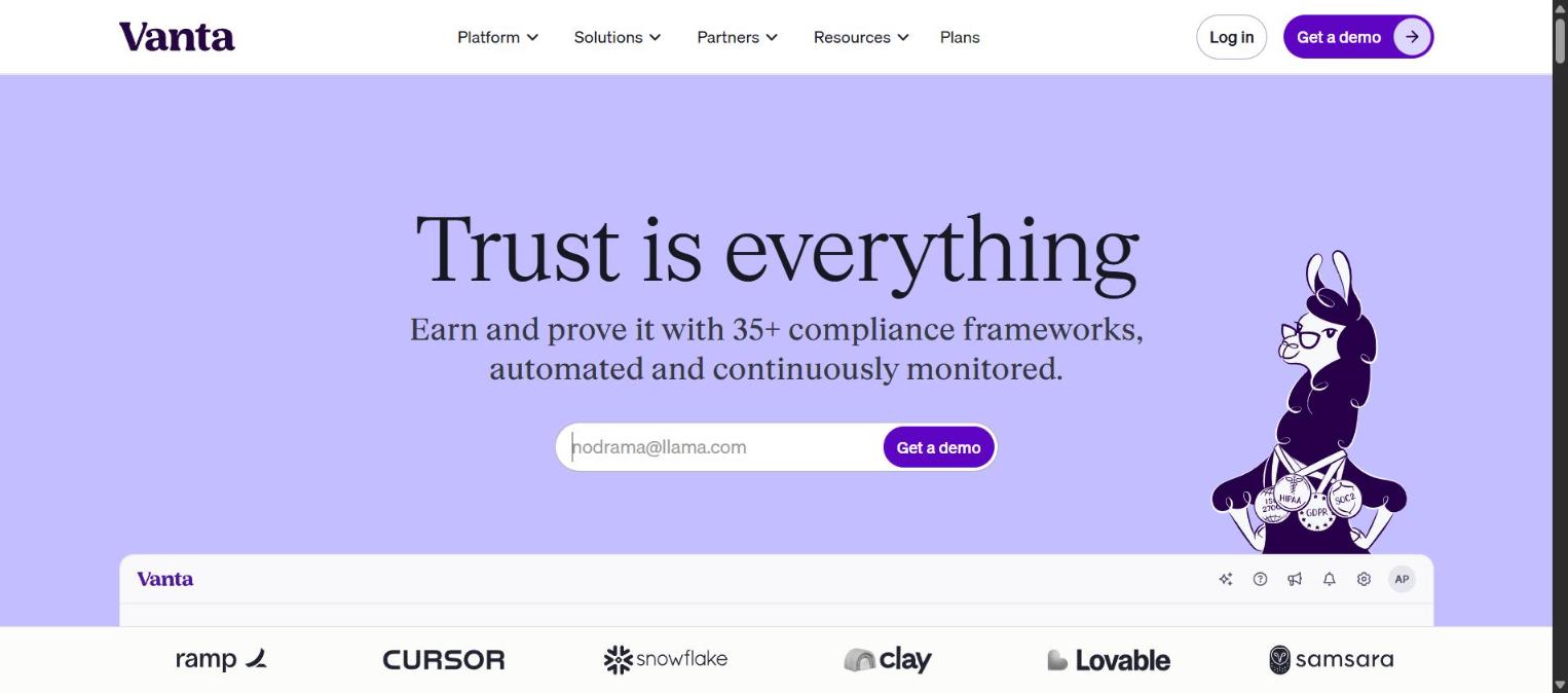 Screenshot of Vanta's homepage, showing its 'Trust is everything' headline and compliance framework message.