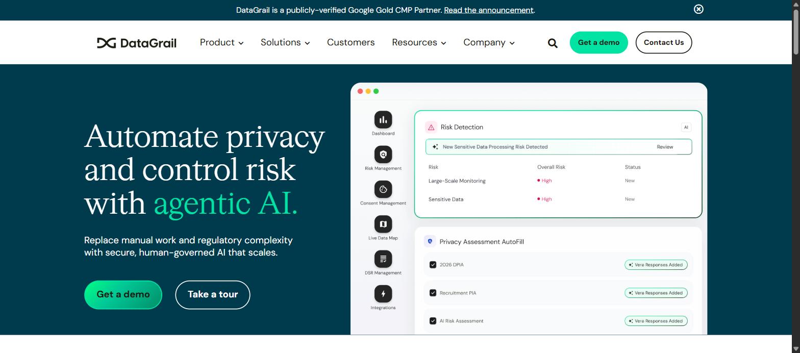 Screenshot of DataGrail's homepage, showing its 'Automate privacy and control risk with agentic AI' headline.