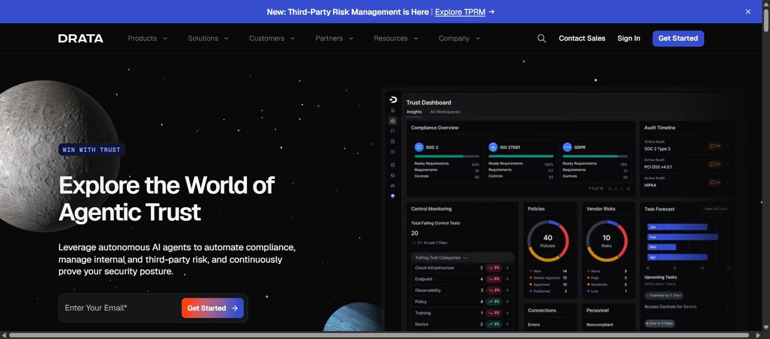Screenshot of Drata's homepage, showing its 'Explore the World of Agentic Trust' headline and dashboard.