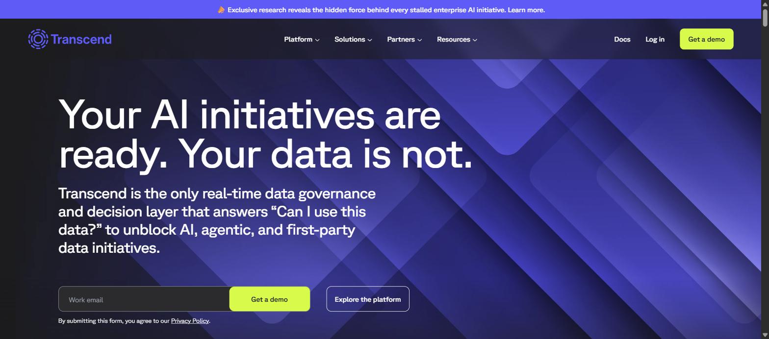 Screenshot of Transcend's homepage, showing its 'Your AI initiatives are ready. Your data is not.' headline.