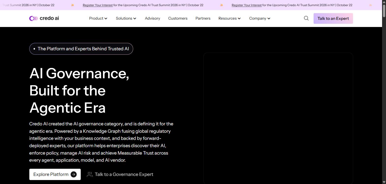 Screenshot of Credo AI's homepage, showing its 'AI Governance, Built for the Agentic Era' headline.