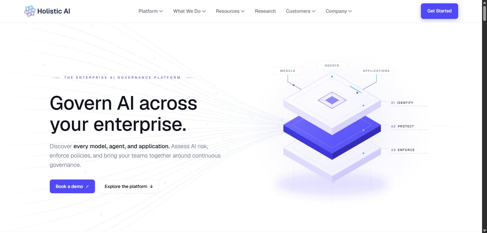 Screenshot of Holistic AI's homepage, showing its 'Govern AI across your enterprise' headline and platform diagram.
