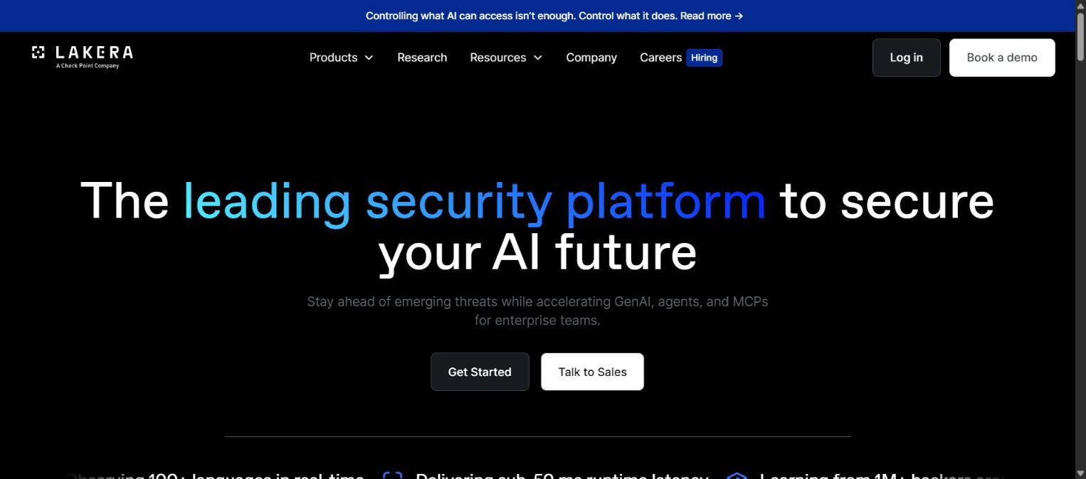 Screenshot of Lakera's homepage, showing its 'The leading security platform to secure your AI future' headline.