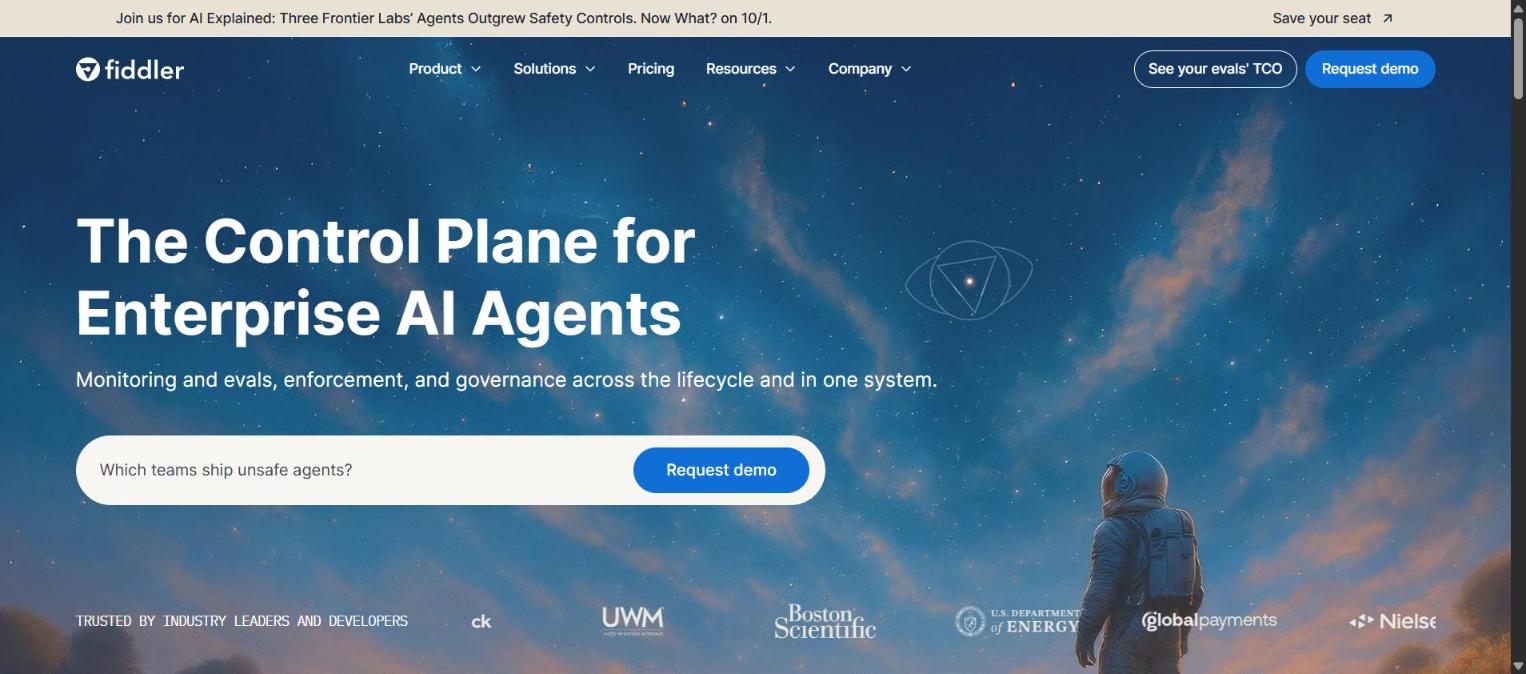 Screenshot of Fiddler AI's homepage, showing its 'The Control Plane for Enterprise AI Agents' headline.