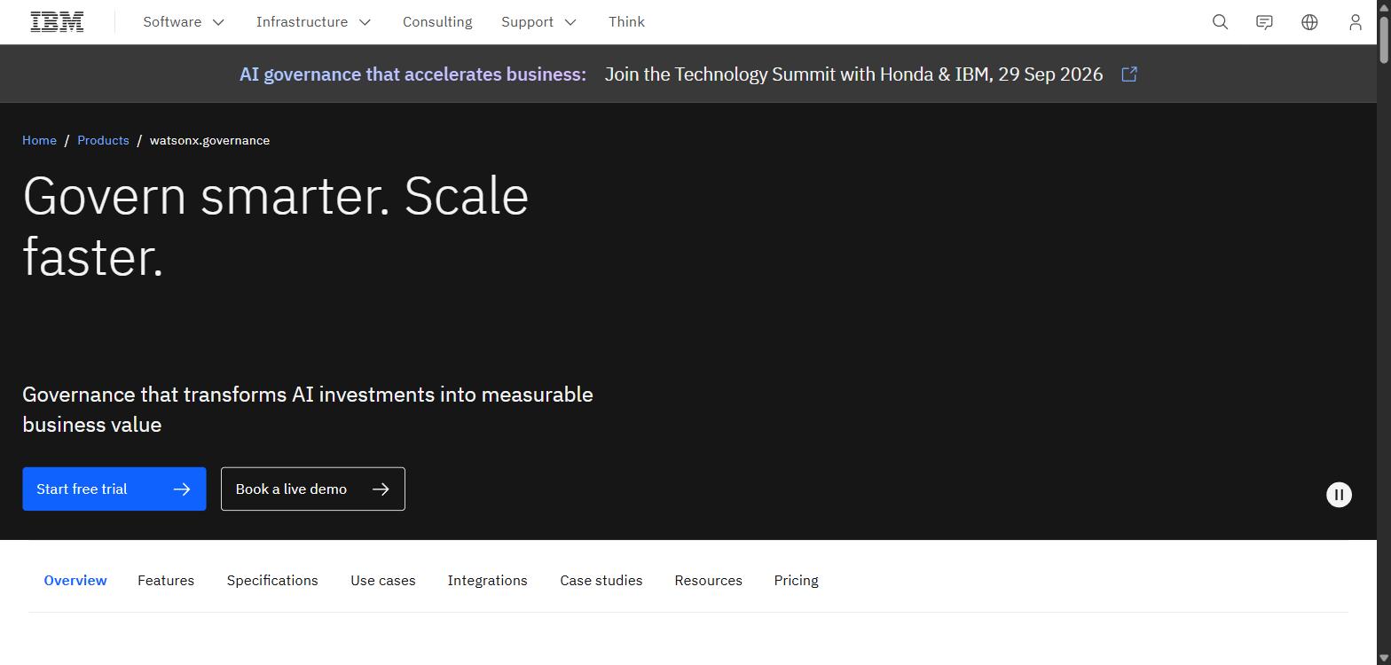 Screenshot of IBM's watsonx.governance product page, showing its 'Govern smarter. Scale faster.' headline and trial and demo buttons.