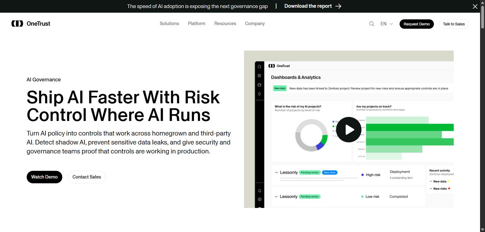 Screenshot of OneTrust's AI governance page, showing its 'Ship AI Faster With Risk Control Where AI Runs' headline and product dashboard.