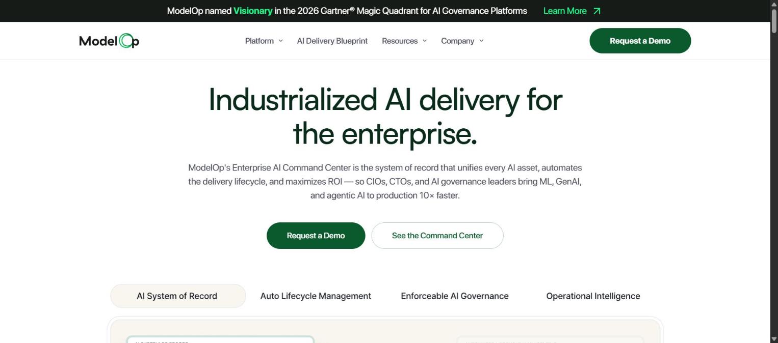 Screenshot of ModelOp's homepage, showing its 'Industrialized AI delivery for the enterprise' headline.