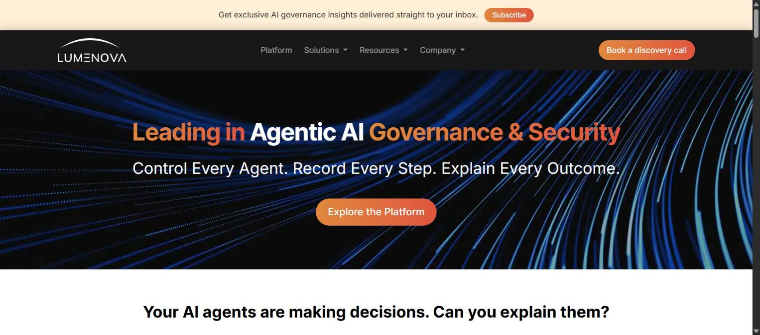 Screenshot of Lumenova AI's homepage, showing its 'Leading in Agentic AI Governance & Security' headline.