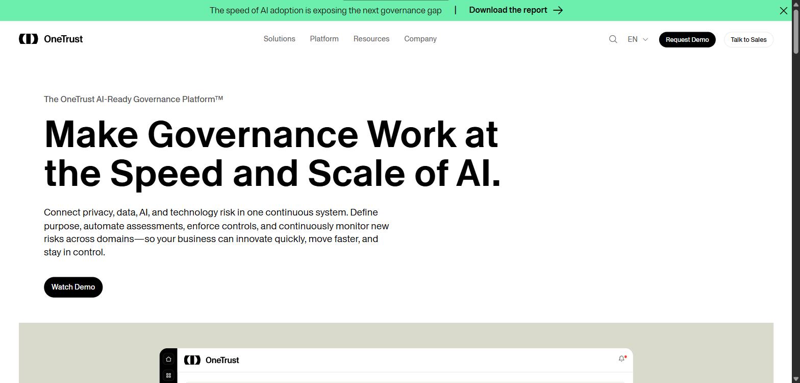 Screenshot of OneTrust's homepage, showing its 'Make Governance Work at the Speed and Scale of AI' headline.
