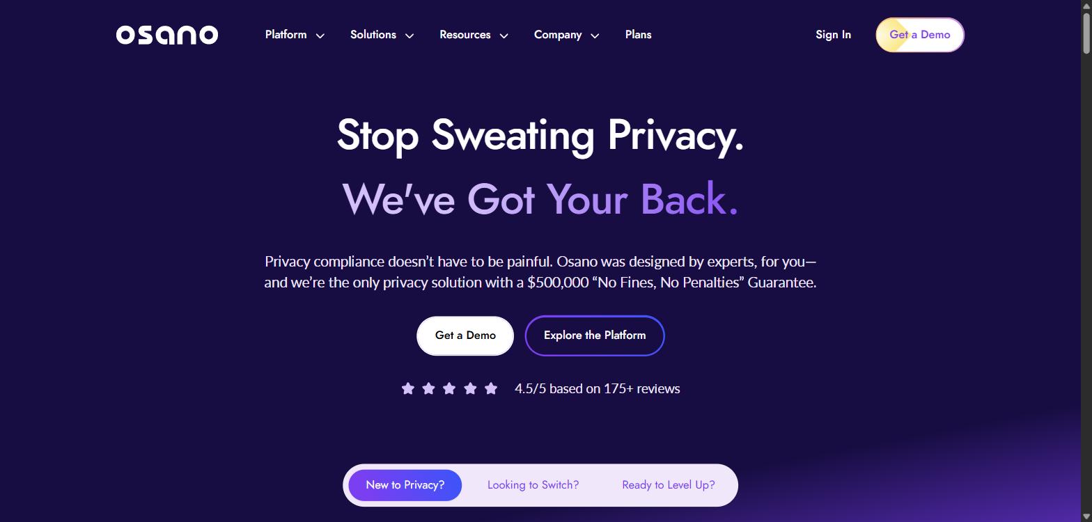Screenshot of Osano's homepage, showing its 'Stop Sweating Privacy. We've Got Your Back.' headline.